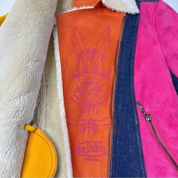 RARE Vintage Von Dutch Y2K Pink & Yellow Suede Blue Denim Faux Fur Bomber Jacket - Picture 5 of 16